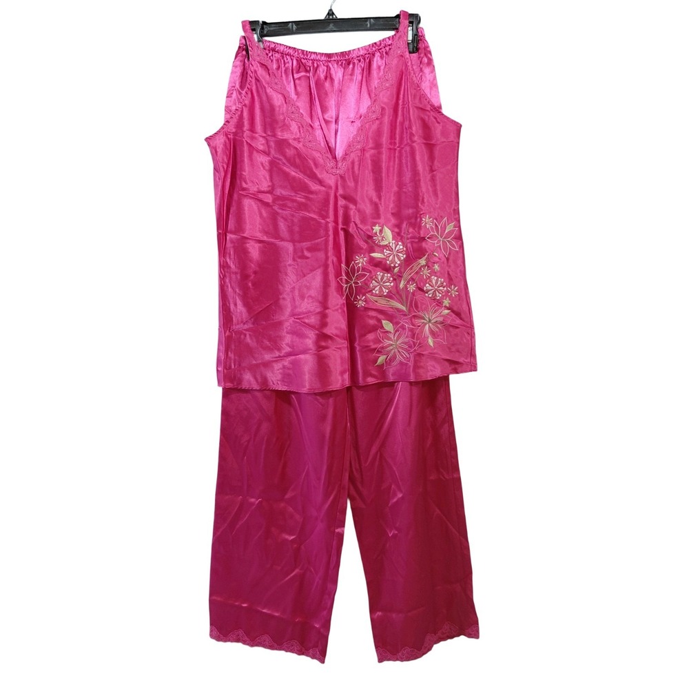 Vtg Whispers Satin Pajama Pants and Cami Set Floral Embroidered Pink Women's Med